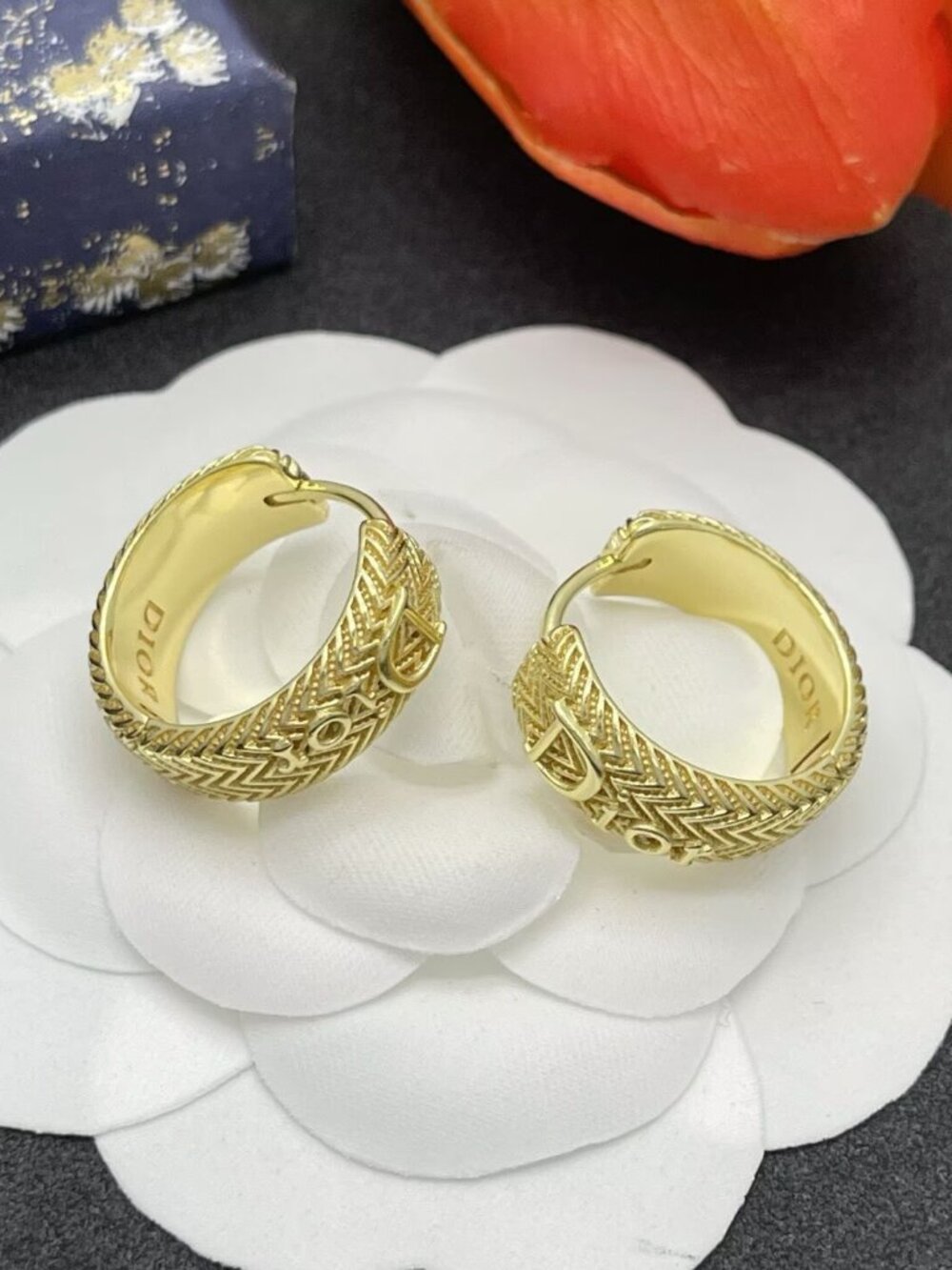 Dior Gold Chevron Logo Hoop Earrings with Textured Detail